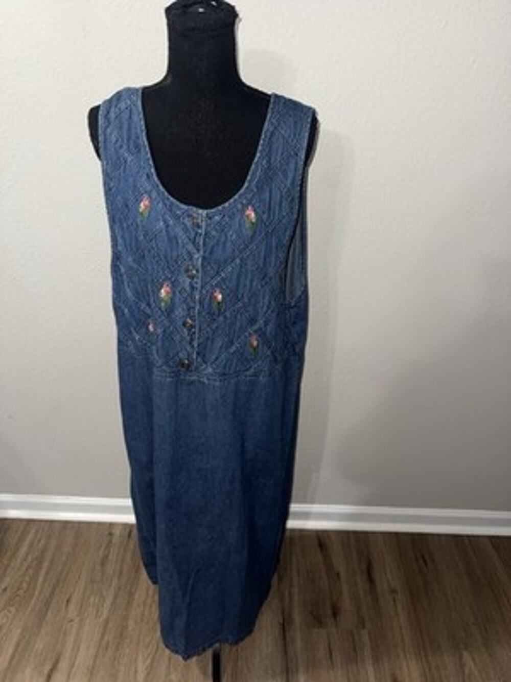 Vintage Premier International Denim Dress 1X Rose Embroidery Diamond Quilted